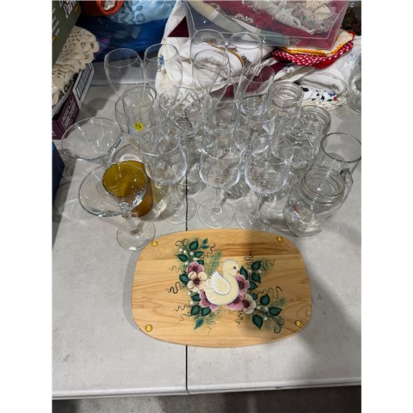 Glasses and cutting board