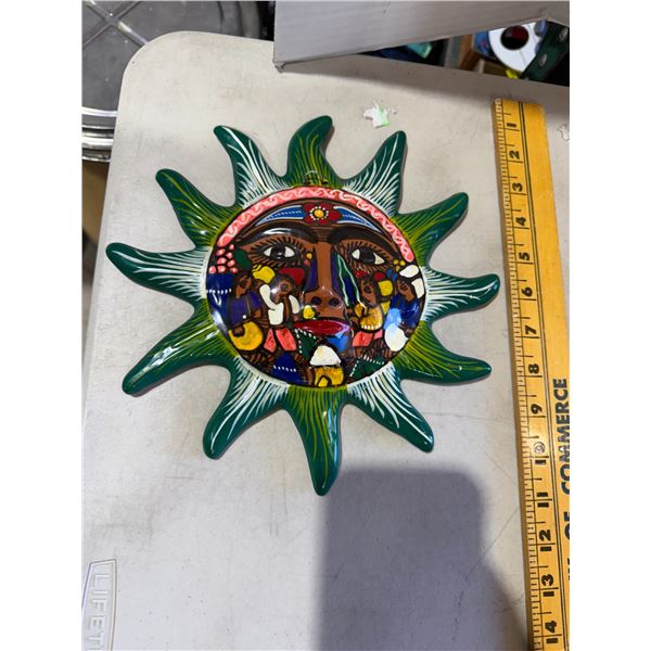 Mexican pottery hand painted 9.5 inch sun face with folk scene