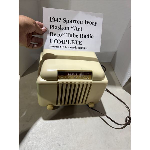 1947 Spartan Ivory ART deco tube Radio complete power is on but needs repair repairs