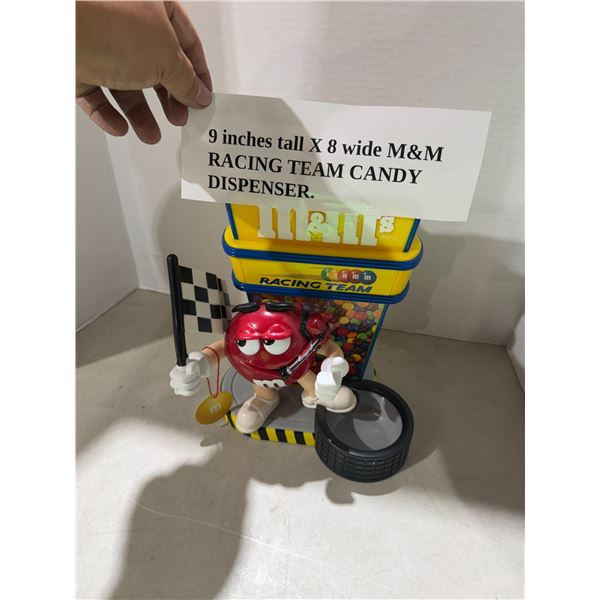 M&M racing team candy dispenser 9 inches tall by 8 inches wide