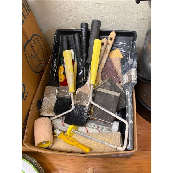 BOX LOT OF ASSORTED PAINT SUPPLIES
