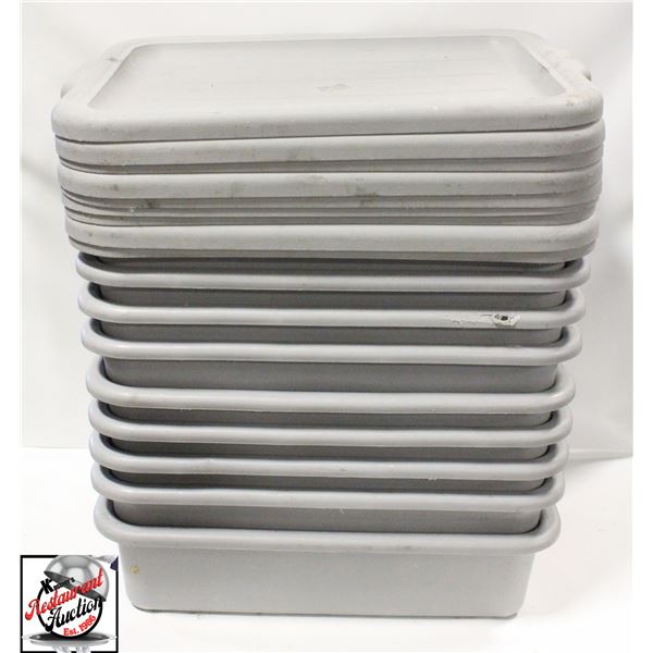 BAILIFF SEZIURE: STACK OF 9 BUS BINS W/ 9 LIDS 4"