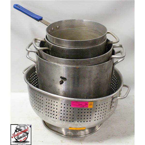 BAILIFF SEZIURE: 4 ALUMINUM STOCK POTS & COLANDER