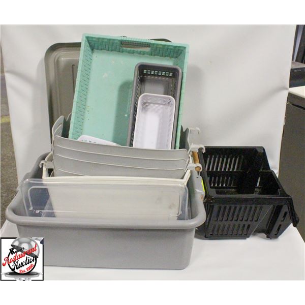 LOT OF ASSORTED PLASTIC BINS, TRAYS, CONTAINERS