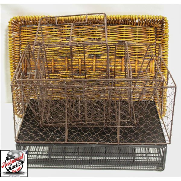 4 WIRE BASKETS, A TRAY, AND AN UNDER APPLIANCE