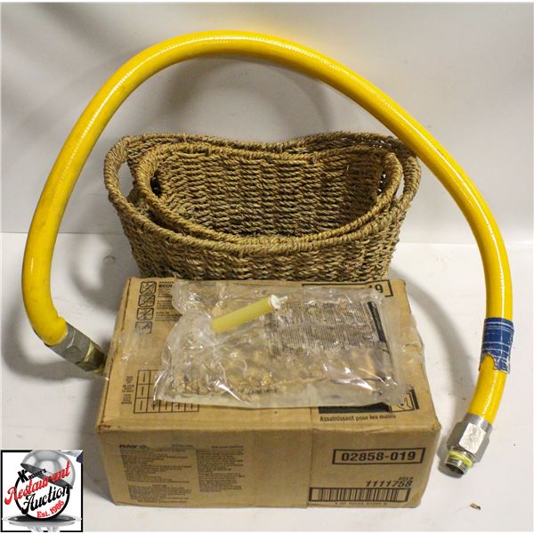 BOX OF HAND SANITIZER BAGS, NATURAL GAS HOSE, AND