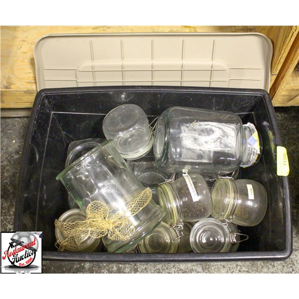 BIN OF ASSORTED GLASS JARS W/ SEALS