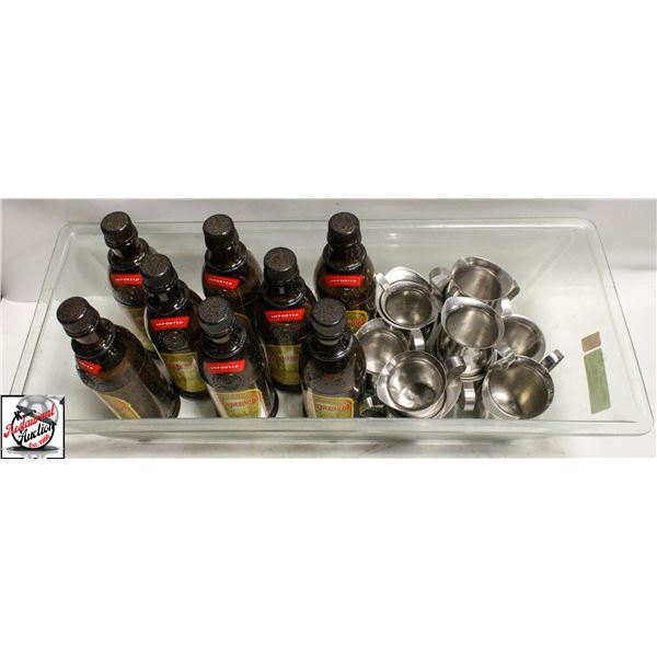 KAHLUA SHAKING DISPENSERS & 10 STAINLESS CREAMERS