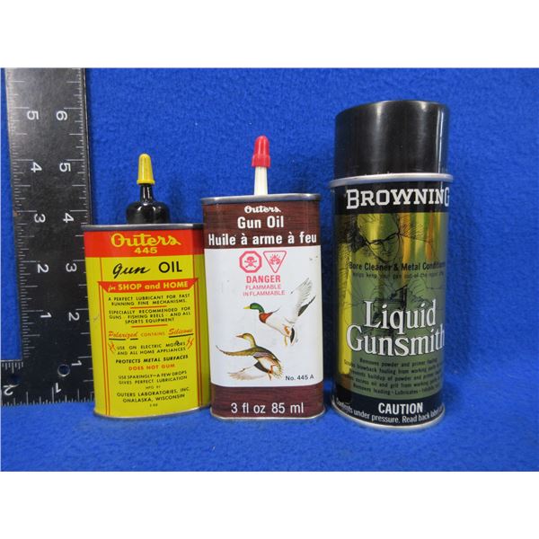 3 Vintage Oil Cans - Browning Liquid Gunsmith & 2 Outers Gun Oil
