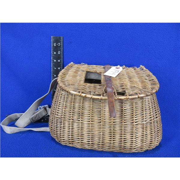 Vintage Wicker Fishing Creel - Strap has been replaced, lid is tied on with shoelace