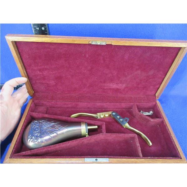 Wood Revolver Box with Key, 36 Cal. Brass Bullet Mold & Colt Pattern Flask
