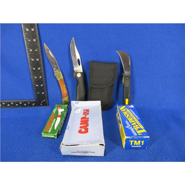 3 Folding Lock Blade Knives - Sportsman's, Tradesman, Camp USA with Sheath