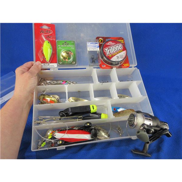 Lot of Misc. Fishing Tackle - Lures, Hooks, Line, Quantum Re-Ax 20 Reel, Etc.