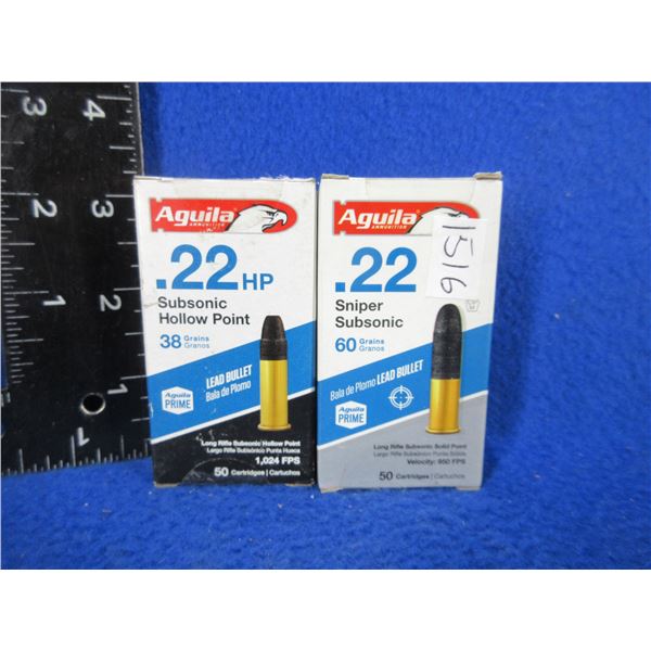22 LR 38gr Subsonic HP Lead Aguila Cartridges - 2 Sealed Boxes of 50 (Pick Up Only)