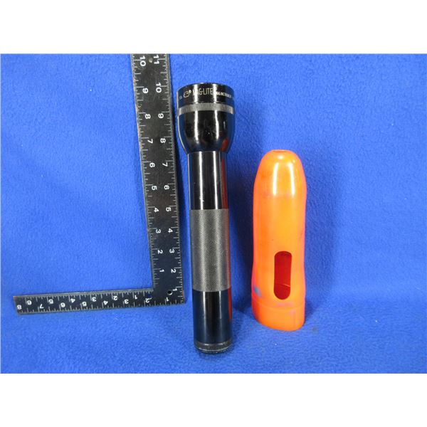 Vintage Mag-Lite Flashlight with Orange Safety Cone - Tested Working