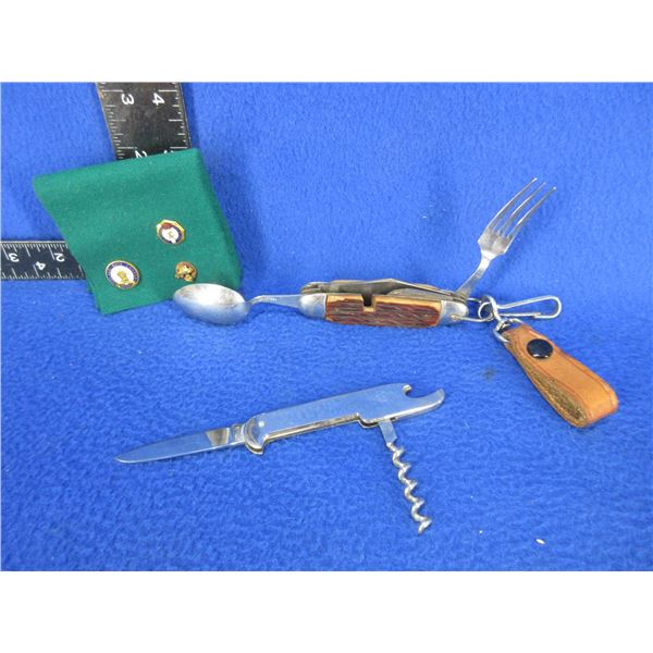 Vintage Camping Knife with Utensils, Corkscrew Knife & 3 Pins (Elks & Moose)