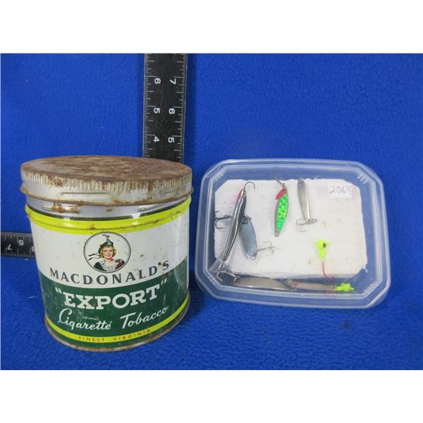 Lot of 8 Fishing Lures & Vintage Export Tobacco Tin