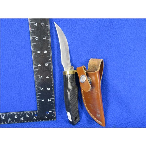 Smith & Wesson Fixed Blade Knife with Leather Sheath - 3 3/4" Blade, 8" Overall Length