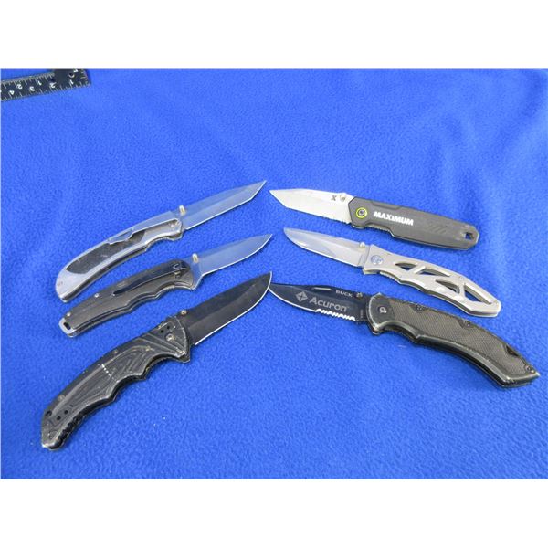 6 Assorted Folding Lock Blade Knives - 4 have belt clips
