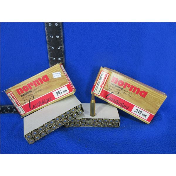 243 Win. 100gr SP Semi Pointed Norma Cartridges - 2 Boxes of 20 (Pick Up Only)