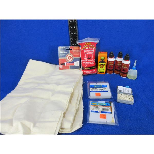 Lot of Misc - Patches, 3 Outers Oil, Hoppe's Solvent, Crosman Oil, Cloth, Etc.