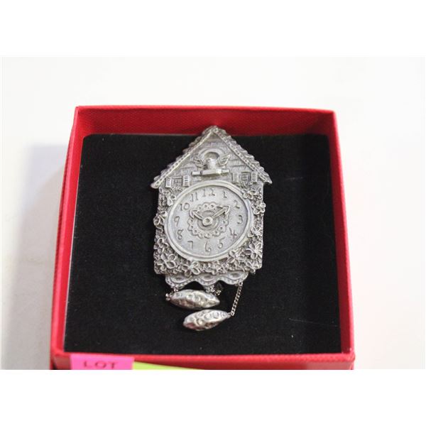VTG. PEWTER CUCKOO CLOCK BROOCH
