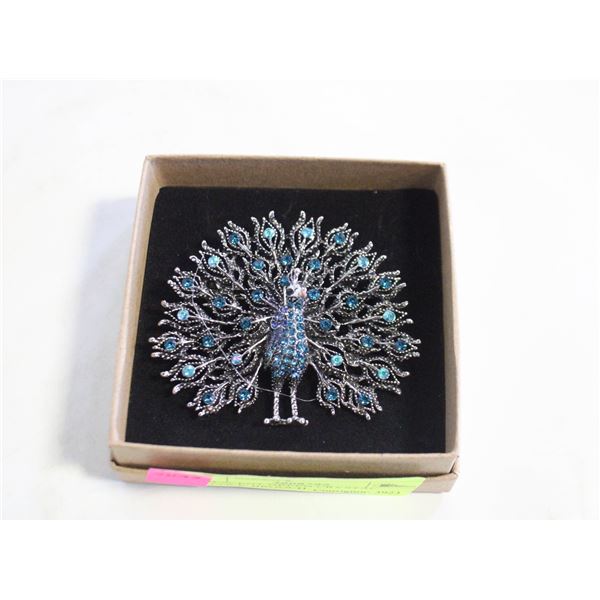IRIDESCENT GREEN CRYSTAL PEACOCK BROOCH