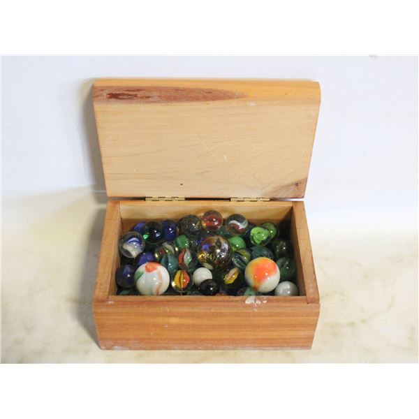 VTG. WOODEN BOX WITH MARBLES