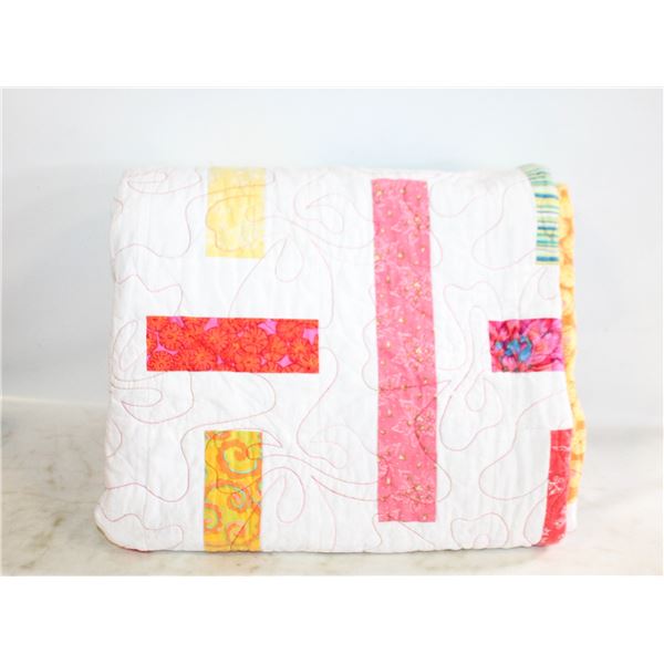 HOME-MADE QUILT, 78"X57", RED, YELLOW,