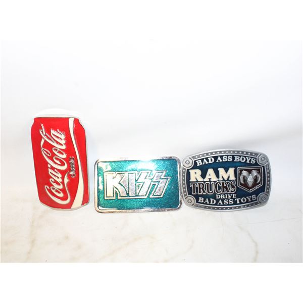 3 BELT BUCKLES - RAM TRUCKS, KISS (1970'S