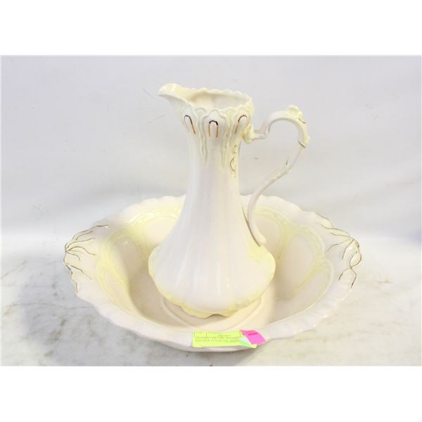 GLAZED CERAMIC WASHING PITCHER AND BOWL SIGNED