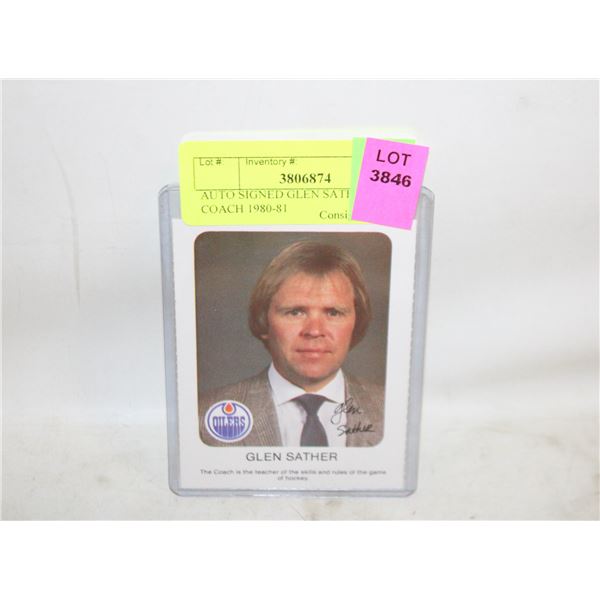 AUTO SIGNED GLEN SATHER OILERS COACH 1980-81