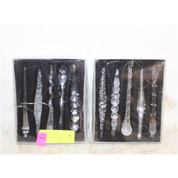 2 SETS OF 5 DECORATIVE GLASS ORNAMENTS