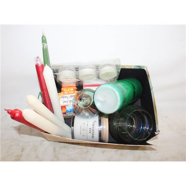 CANDLES & CANDLE HOLDERS BOX LOT ASSORTED