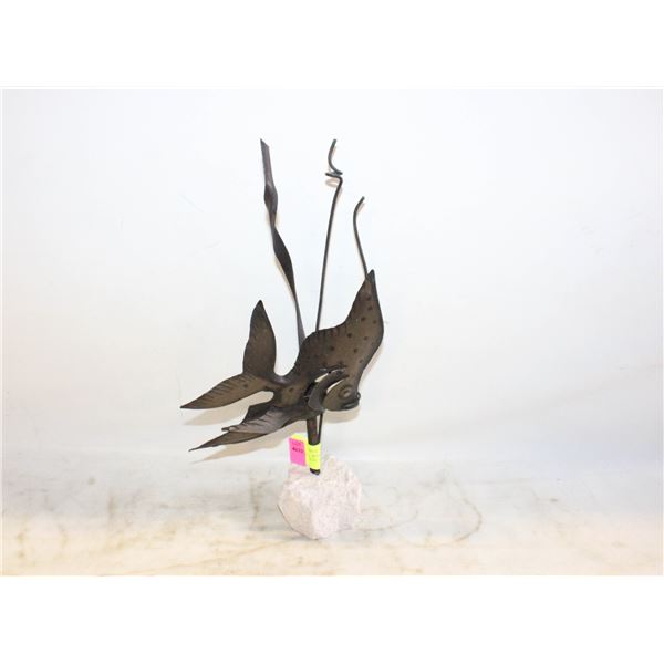 METAL FISH ON A STONE BASE