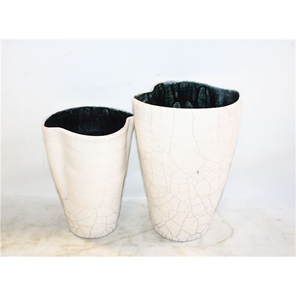 2 WHITE RAKU VASES