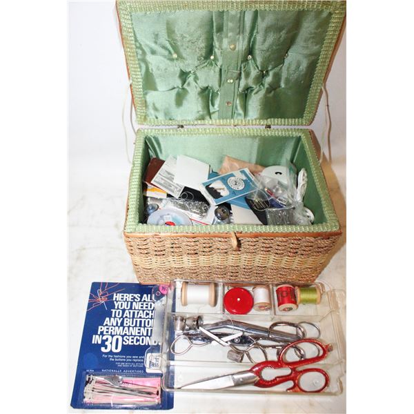 VINTAGE SEWING BASKET W/SUPPLIES