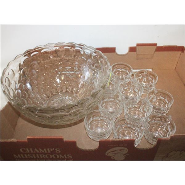 LARGE PUNCH BOWL, 11 MATCHING GLASSES,