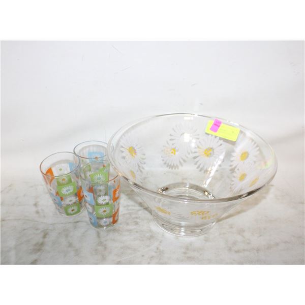 LARGE GLASS SERVING BOWL, 3 GLASSES;