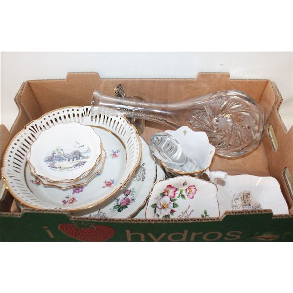 CRYSTAL DECANTER, 5 CANDY DISHES, SMALL SPOONS AND