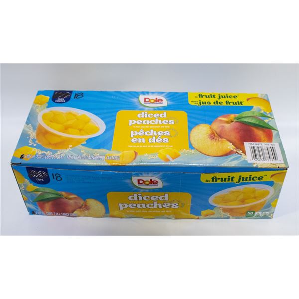 BOX OF 18 DOLE DICED PEACHES IN FRUIT JUICE CUPS