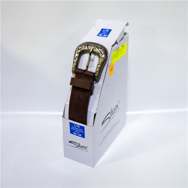 NEW SILVER MENS LEATHER BELT BROWN SIZE LG 36-38
