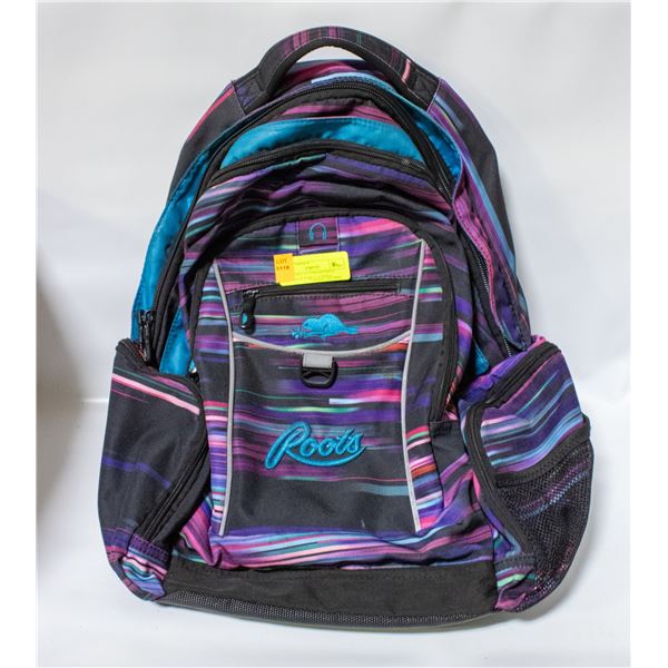 ROOTS MULTI COMPARTMENT BACKPACK PURPLE STRIPES