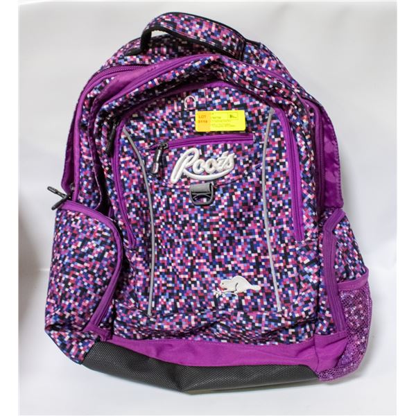 ROOTS MULTI COMPARTMENT BACKPACK PURPLE PATTERN