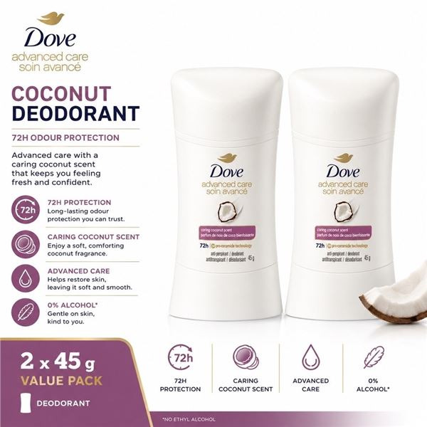 2 DOVE ADVANCED CARE COCONUT DEODORANT 45G
