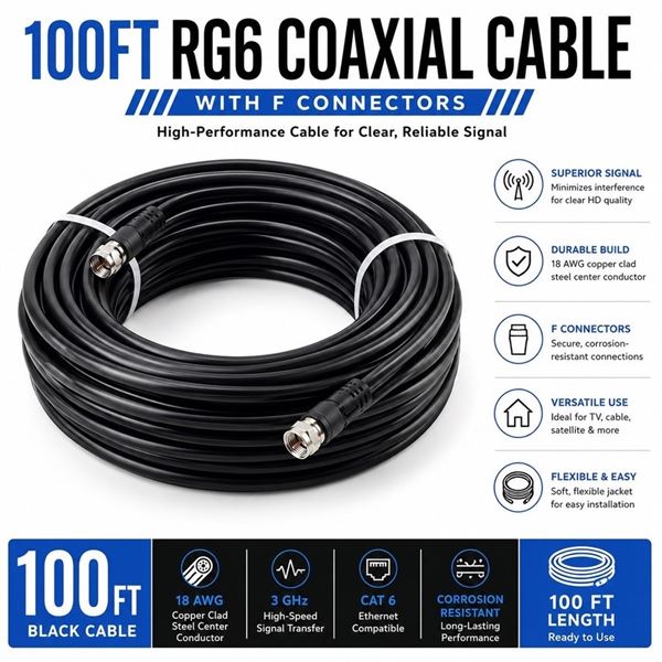 100FT RG6 COAXIAL CABLE W/F CONNECTORS