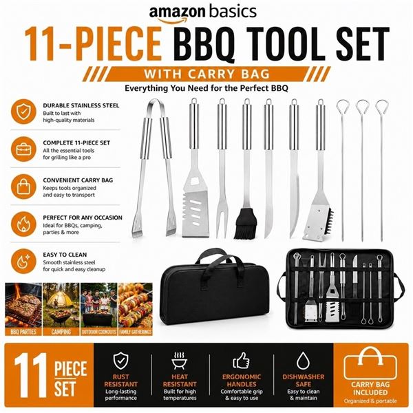AMAZON BASICS 11PC BBQ TOOL SET W/CARRY BAG