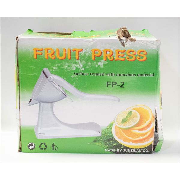 FRUIT PRESS. ALUMINUM. NEW IN BOX.