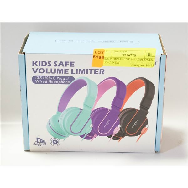 KIDS PURPLE/PINK HEADPHONES. UBS-C. NEW.