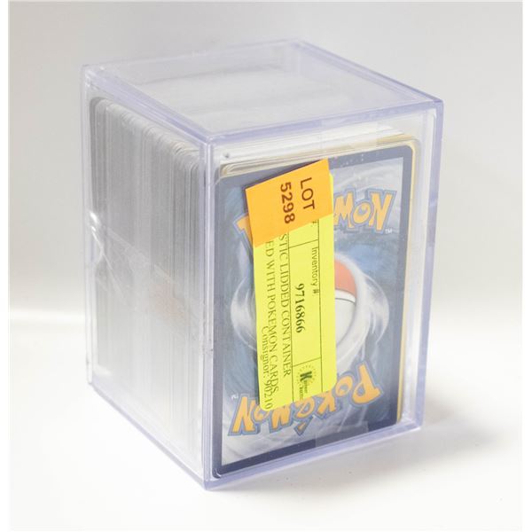 PLASTIC LIDDED CONTAINER FILLED WITH POKEMON CARDS